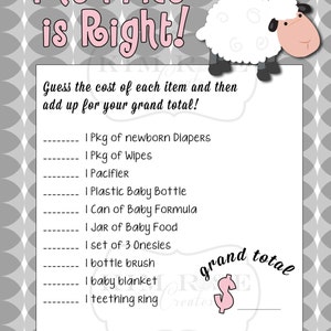 Baby Shower Game - Price is Right - SHEEP Theme - PINK Version
