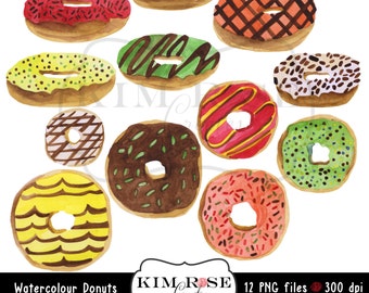 Watercolour Donut Clipart Pack ~ 12 PNG files on transparent backgrounds ~ 6" x 6"