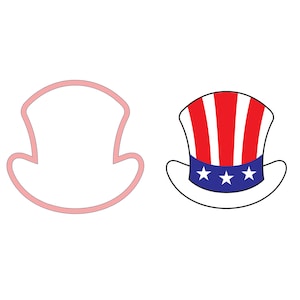 May include: A red, white, and blue Uncle Sam hat cookie cutter. The cutter is in the shape of a top hat with a band of stars around the base.