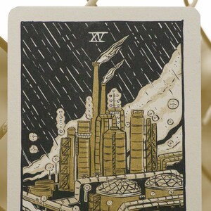 The Devil Tarot Card, showing a liquefied natural gas factory spewing pollution into the air.