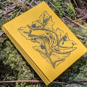 May include: A mustard-yellow box featuring a black illustration of a slug on a leaf. The box is rectangular and has a matte finish. The background is a natural setting with moss, leaves, and twigs.