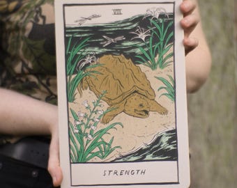 Strength Tarot Card Art Print: Alligator Snapping Turtle Riso Poster