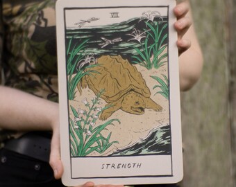 Strength - Small Riso Art Print inspired by tarot cards, 7" x 11" poster for your mystical wall with a strong snapping turtle.