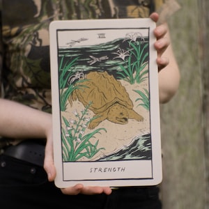 Strength - Small Riso Art Print inspired by tarot cards, 7" x 11" poster for your mystical wall with a strong snapping turtle.