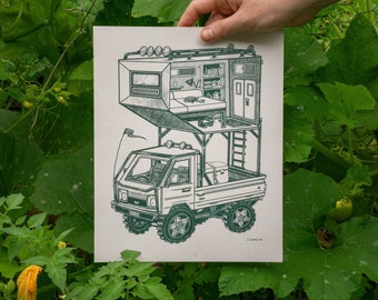 Kei Truck - 8 x 10 risograph art print of a tiny truck turned into a home