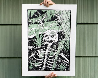 Death tarot card inspired art print, goth artwork, large 18x24" screenprinted poster, handmade black and green print.