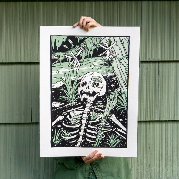 Death tarot card inspired art print, goth artwork, large 18x24" screenprinted poster, handmade black and green print.