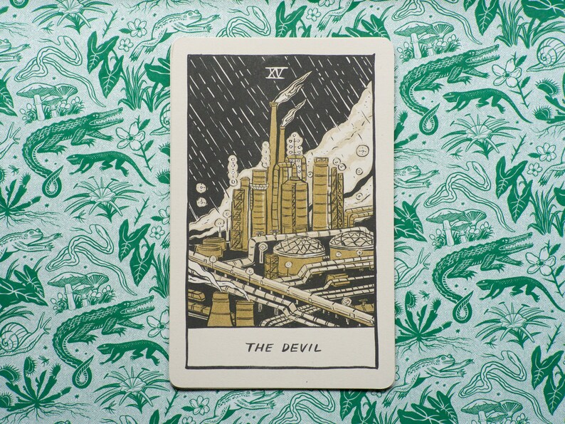 The Devil Tarot Card, showing a liquefied natural gas factory spewing pollution into the air.