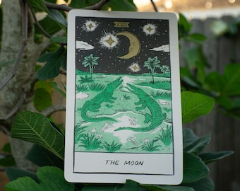 The Moon Tarot Card Art Print: Risograph Alligator Illustration