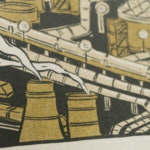 The Devil Tarot Card, showing a liquefied natural gas factory spewing pollution into the air.