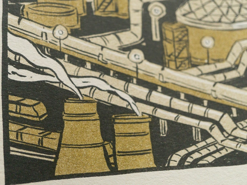 The Devil Tarot Card, showing a liquefied natural gas factory spewing pollution into the air.