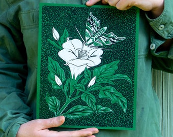 Night Garden screenprinted art print, blooming moonflower illustration, green and black artwork, 8"x10" handmade print