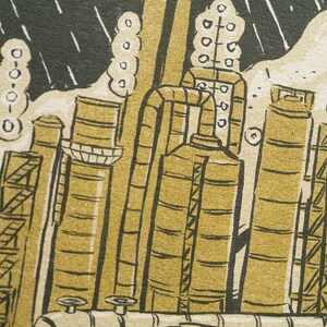 The Devil Tarot Card, showing a liquefied natural gas factory spewing pollution into the air.