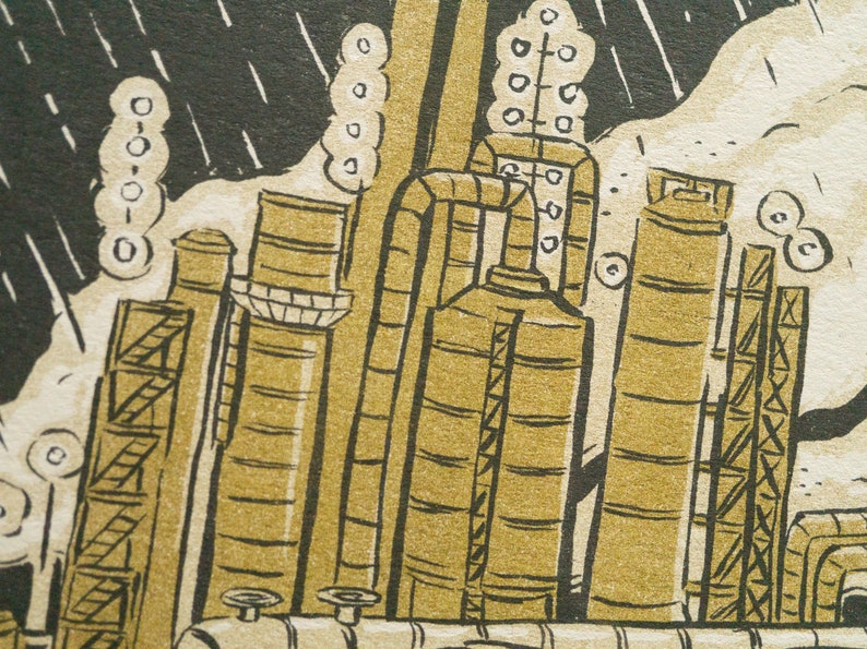 The Devil Tarot Card, showing a liquefied natural gas factory spewing pollution into the air.