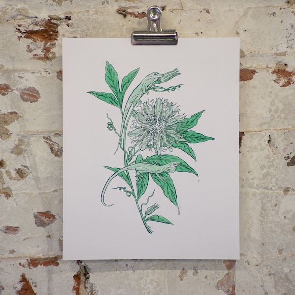 Green Anole Love - Small Risograph Art Print - 8x10 inch