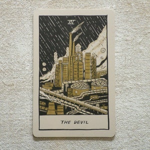 The Devil Tarot Card, showing a liquefied natural gas factory spewing pollution into the air.