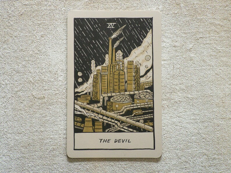 The Devil Tarot Card, showing a liquefied natural gas factory spewing pollution into the air.