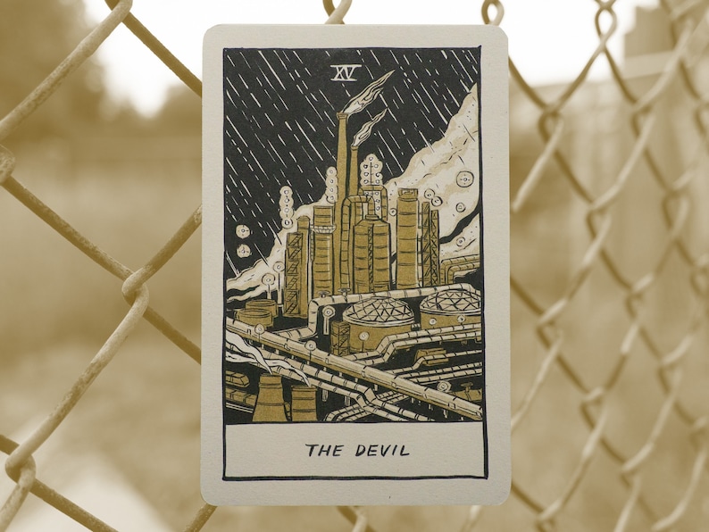 The Devil Tarot Card, showing a liquefied natural gas factory spewing pollution into the air.