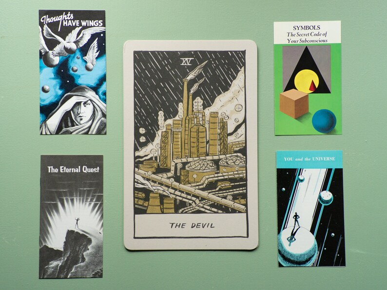 The Devil Tarot Card, showing a liquefied natural gas factory spewing pollution into the air.