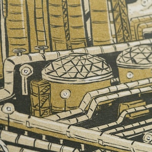 The Devil Tarot Card, showing a liquefied natural gas factory spewing pollution into the air.