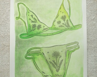 Soggy Bikini Prints - Linocut with hand painted backgrounds