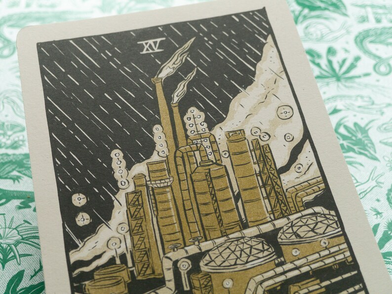 The Devil Tarot Card, showing a liquefied natural gas factory spewing pollution into the air.