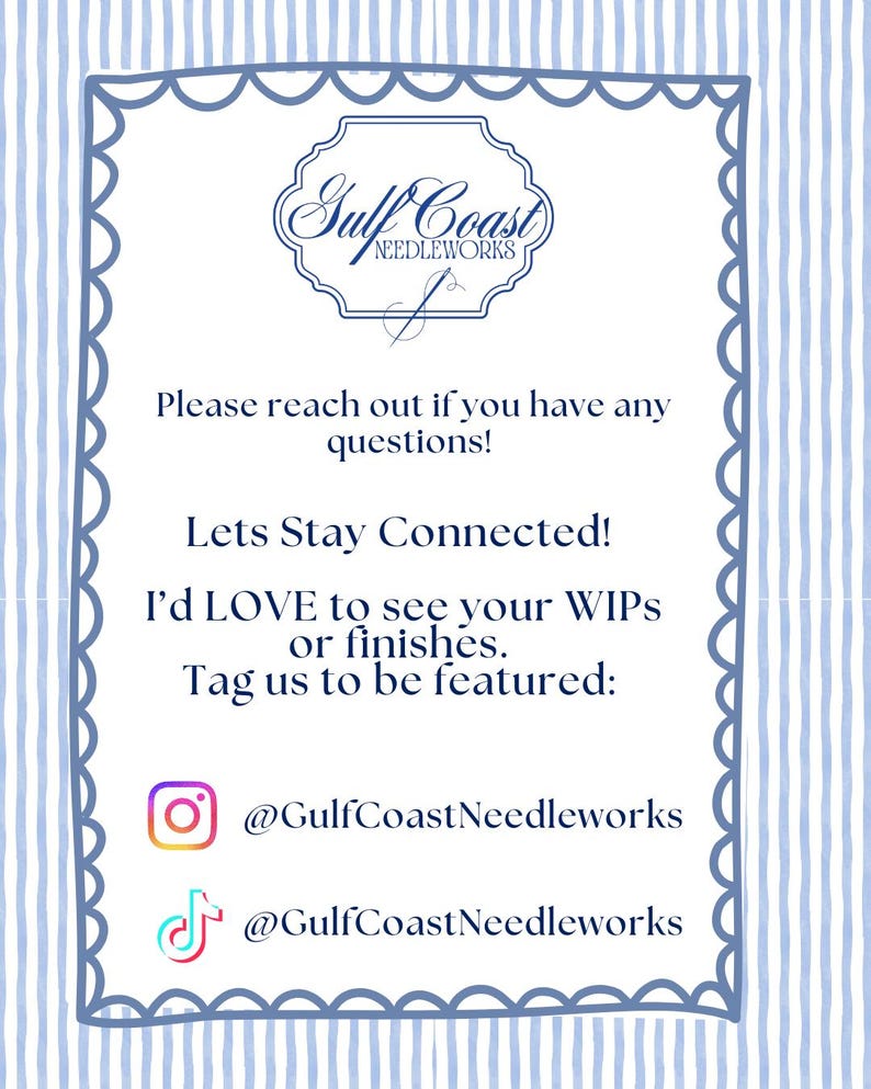Puede incluir: Una tarjeta blanca con un borde festoneado azul y un fondo a rayas. La tarjeta presenta el texto "Gulf Coast Needleworks" y las redes sociales Instagram y TikTok.