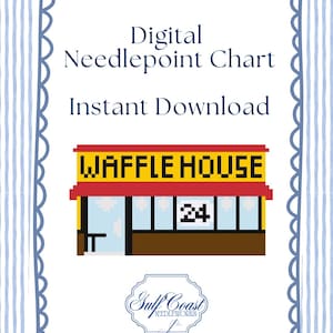 Puede incluir: Patrón de punto de cruz digital con una ilustración pixelada de un restaurante Waffle House, con techo amarillo y el texto "WAFFLE HOUSE". El diseño incluye el texto "Descarga instantánea del patrón de punto de cruz digital" y el logotipo de Gulf Coast Needleworks.