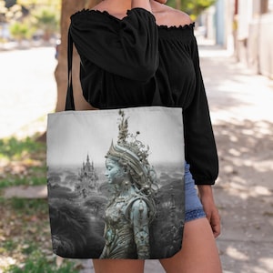 May include: A tote bag with a black and white image of a woman with a crown of flowers and vines. The woman is standing in front of a castle in the background.