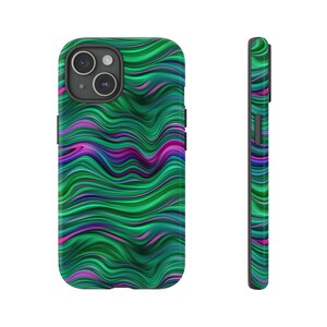 May include: A green, blue and pink abstract phone case with a wavy pattern. The case has a cutout for the camera lens.