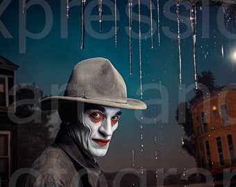 Op de afbeelding: Een man met een grijze fedora en een gepatroneerd jack staat voor een raam waar water uit druppelt. Hij heeft witte gezichtsverf met rode lippen en donkere ogen.