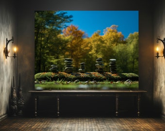 Zen Rock Cairns en Vermont Field - Impresión original de bellas artes. Ideal para espacios de yoga y meditación. Serenidad otoñal