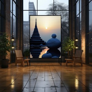 Buddhistische Tempel & Rock Cairns - Original Kunstdruck zur blauen Stunde. Hochwertiges Poster für Serene Home Decor. #BuddhistArt #ZenReflektionen