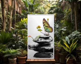 Serene Butterfly on Zen Rock Cairn - Impresión de bellas artes de obras de arte originales. Perfecto para espacios de yoga y meditación. Decoración tranquila y pacífica.
