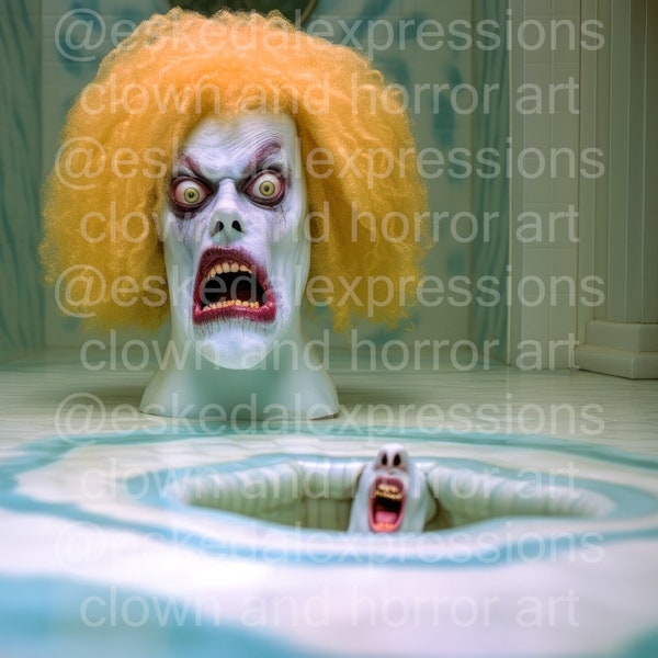 Very Creepy Alpha Clown with a Mini-Me in the floor.  Digital Download - Hi-resolution JPG and PNG - Halloween design by Artist Erik Eskedal