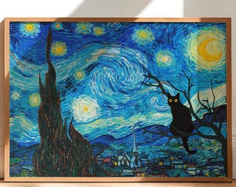 Cat Print Starry Night Vincent Van Gogh Black Cat Art Funny Gift WITHOUT FRAME