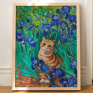 Cat Print Vincent Van Gogh&#39;s Irises Orange Tabby Cat Art Floral Print Funny Gift Home Decor WITHOUT FRAME