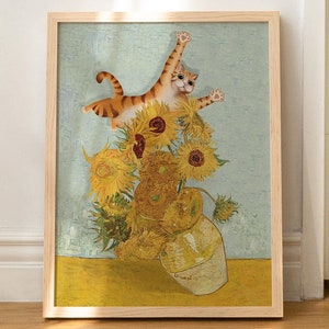 Cat Print Van Gogh Sunflowers Still Life Funny Gift Poster Wall Art Tabby Orange Cat WITHOUT FRAME