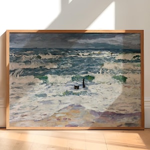Cat Print Sea Beach Painting Italy Mediterranean Funny Gift Black Cat Poster Wall Art Home Decor Print WITHOUT FRAME