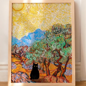 Cat Print Vincent Van Gogh Olive Trees Black Cat Art Poster Funny Gift WITHOUT FRAME