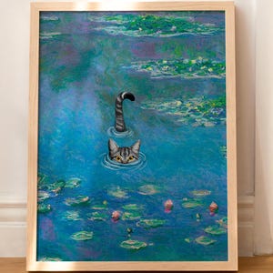 Cat Art Print Monet Waterlily Funny American Shorthair Gray Cat Gift Poster Wall Art Home Decor WITHOUT FRAME