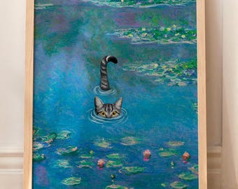 Cat Art Print Monet Waterlily Funny American Shorthair Gray Cat Gift Poster Wall Art Home Decor WITHOUT FRAME