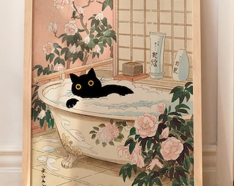 Bath Cat Print Japanese Illustration Poster Wall Decor Toilet Bathroom Bathtube Funny Wall Art WITHOUT FRAME