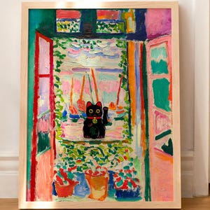 Cat Print Matisse Open Window Funny Lucky Cat Japanese Maneki Neko Poster Wall Art Home Decor