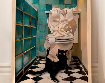 Bathroom Cat Print Funny Poster Wall Decor Pooping Print Toilet Wall Art  WITHOUT FRAME