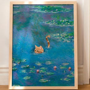 Stampa di gatto Monet Ninfea Divertente Tabby Arancione Regalo Poster Arte da parete Decorazione per la casa SENZA CORNICE