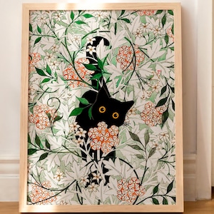 Cat Print William Morris Wall Art Poster Black Cat Floral Art Print Funny Gift WITHOUT FRAME