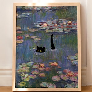 Impression de chat Monet nénuphars drôle chat noir cadeau affiche art mural décoration d'intérieur sans cadre