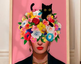 Cat Print Frida Flowers Painting Black Cat Funny Gift Poster Wall Art Home Decor WITHOUT FRAME