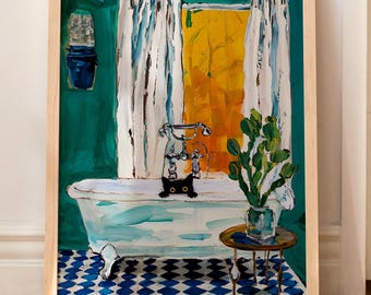 Bath Cat Print Peekaboo Funny Matisse Painting Poster Wall Decor Toilet Bathroom Bathtube Wall Art WITHOUT FRAME